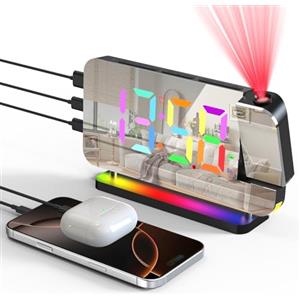 Lomffy Sveglia di Proiezione, 7.1 Radio Sveglia Digitale da Comodino con Rotazione di 180°,Display Digitale 11 Colori, Luce Notturna a 10 Colori, Luminosità Regolabile, Snooze, 12/24H, Porta USB