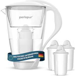 PerloPur Filtro acqua in vetro PearlCo (bianco) con 3 cartucce filtranti Classic - riduzione di calcare, cloro, piombo e rame con caraffa in vetro - compatibile con Brita Classic - Made in EU