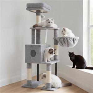 Heybly Albero Tiragraffi Per Gatti Alto 125 cm, Torre Per Gatti Spaziosa E Confortevole Con Tana, Due Ampie Piattaforme, Tiragraffi In Sisal, Cestino, Robusti Tubi In Acciaio, Grigio Chiaro HCT200SW-