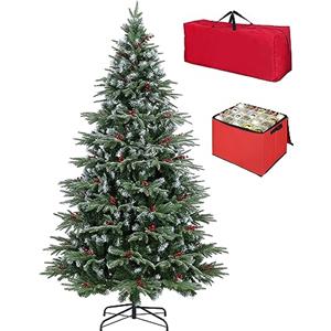 Totò Piccinni Albero di Natale Artificiale Folto, Effetto Realistico, Facile Montaggio, Ignifugo con Borsone e Porta Palline (150 cm, BERRY Punte Innevate e Bacche)