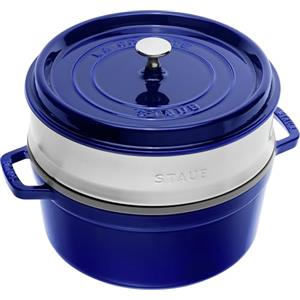 STAUB Casseruola/Cocotte in ghisa, Con inserto per cottura a vapore, Tonda 26 cm, 5,2 litri, Interno della pentola con smaltatura nera opaca, Blu scuro