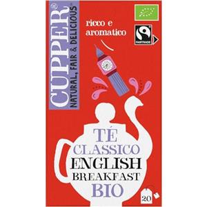 CUPPER Tè Classico English Breakfast Biologico Fairtrade, Tè Nero Ricco e Aromatico, Ingredienti da Agricoltura Biologica, Filtri 100% Biodegradabili, Confezione da 20 Bustine