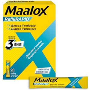 Maalox Reflurapid Blocca il Reflusso Gastroesofageo, Riduce Bruciore e Acidità di Stomaco, anche in Gravidanza - con Bicarbonato di Sodio, Senza Glutine, Senza Lattosio (20 Bustine Gusto Menta)