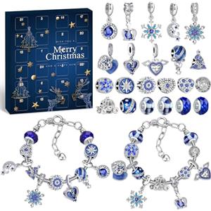 KAZATE Calendario dell'Avvento 2025 Donna Gioielli Bracciale,Calendario Avvento Ragazza Sorprese Regali,Bambina Natalizi Ciondoli Kit 2 Catene 22 Charms Accessori fai da te Perline Blue