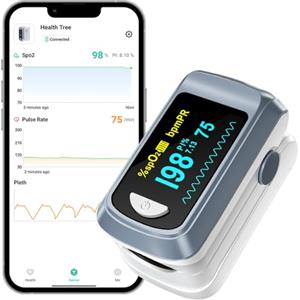 HealthTree Pulsossimetro Bluetooth da dito, monitor della saturazione di ossigeno nel sangue e monitor della frequenza cardiaca per Apple e Android, con schermo OLED incluso, 2 batterie AAA e cordino