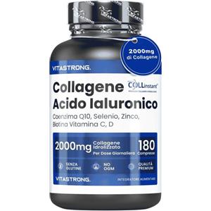 Vitastrong COLLinstant - Collagene Idrolizzato 2000mg con Acido Ialuronico, Biotina, Coenzima Q10, Zinco, Selenio, Vitamina C e D - 180 Compresse per Pelle e Articolazioni Sane