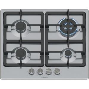 Bosch PGH6B5K90 Serie 4 Piano Cottura a Gas, Bruciatore Wok: Potenza Fino a 3.3 Kw, Griglie in Ghisa, Acciaio, 60 Cm, 3 zone + Wok, Inox