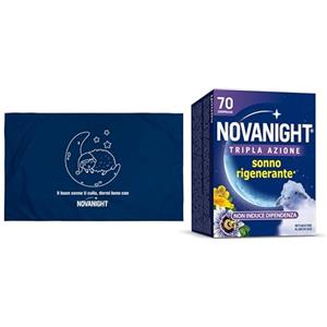 Novanight Tripla Azione Melatonina per Dormire, Integratori, Disturbi del Sonno - Senza Glutine, con Melatonina, Escolzia, Passiflora, Melissa, Non Induce Dipendenza (Edizione Limitata 70 Cpr+Federa)