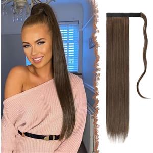 FESHFEN Posticci per capelli Extension Coda Di Cavallo Capelli Lunga Estensione Capelli Sintetici Coda Capelli Extensions per Donna 70cm, 150g Marrone scuro & Auburn Brown