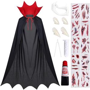 Tankermo Mantello da vampiro con collo gotico, 150 cm Costume da Halloween Uomo Donna Mantello medievale Dracula con 3 tipi di denti da vampiro, sangue finto e set di tatuaggi, mantellor da vampiros