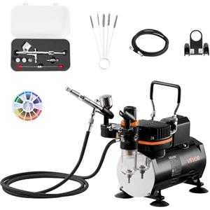 VEVOR Set Aerografo 1/6 HP con Compressore d'Aria, 1 Spruzzatore Aerografo a Doppia Azione con 3 Ugelli (0,2/0,3/0,5 mm) Set di Pulizia, per Decorazione di Torte, Pittura di Modelli