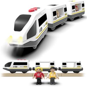 DxxD Trenino Elettrico per Bambini, Trenino Legno Giocattolo con Suono e luce, Bambino Treno Intercity con Figure, Locomotiva ad Azione a Batteria Compatibile con Thomas Brio, Ragazzi 3+ Anni, Bianco
