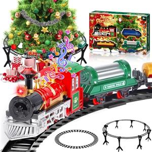 POWZOO Trenino Albero di Natale,Trenino Elettrico Natalizio,37 Pezzi Treno natalizio composto,con Locomotiva e 3 Vagoni,90cm Binario Circolare,con Luci e Suono,Ideale per Bambini e Albero di Natale.