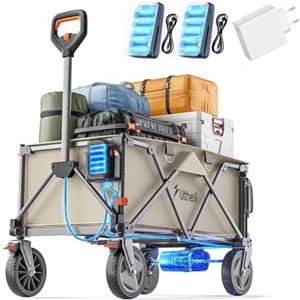 Litheli Carrello elettrico pieghevole, con pneumatici da 20 cm, capacità 200 l, portata 60 kg, 2 freni, adatto per campeggio, giardino, spiaggia, shopping beige (2 batterie + caricatore)