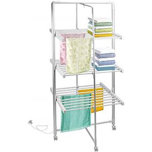 BAKAJI Stendibiancheria Elettrico a Torre Potenza 300W Stendino Asciugabiancheria Riscaldante Pieghevole con 30 Barre Stendi Biancheria Panni e Ruote in Alluminio