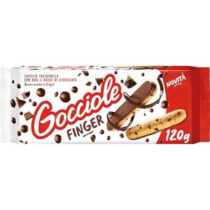 Pavesi Biscotti Frollini Gocciole Finger, Biscotti Snack, Pastafrolla con Base e Gocce di Cioccolato, Snack Gustoso, Confezione 120g