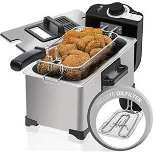 Cecotec Friggitrice elettrica in acciaio inox CleanFry 3L, capacità 3 l, temperatura fino a 190ºC, secchio smaltato lavabile in lavastoviglie, filtro antiolio mantiene l'olio pulito