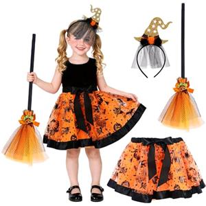 Kinwers Strega Halloween Bambina,Vestito da Costume Gonna Scopa 5/6/7/8 anni