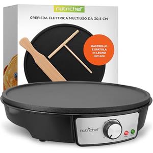 NutriChef Crepiera Elettrica, Piastra Crepes Antiaderente 30 cm Alluminio con LED, Termostato Regolabile, Piastra da Cottura per Crepes, Pancake, Omelette, Frittata e Piadine, Spatola e Dosatore