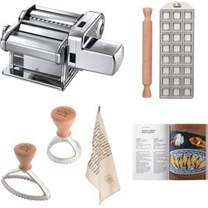 MARCATO Set Preparazione Pasta e Ravioli, Macchina per la Pasta Elettrica Atlas 150,Motore,Stampo 24 Ravioli Quadrati da 35 mm,Mattarello, Stampo Tondo, Stampo Ovale, Canovaccio, Ricettario, Linea Premium.