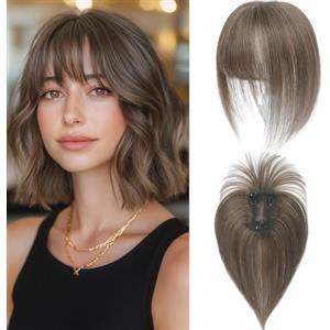 SARO-UP Topper per capelli per capelli che si diradano, topper per capelli da donna, capelli umani veri con frangia, parrucche per donne con capelli che si diradano, base svizzera, 25,4 cm (castano medio