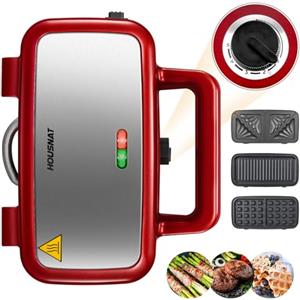 HOUSNAT Macchina per sandwich 3 in 1 - Tostapane per sandwich - 1200 W con controllo della temperatura a 5 velocità - Per waffle belgi - Rivestimento antiaderente - Perfetto per la colazione, Rosso