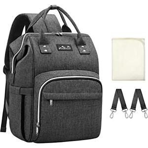 Viedouce Borsa per Pannolini Zaino Fasciatoio, Zaino Mamma,Impermeabile Resistente Ai Graffi Stoffa Oxford Grande Capacità Borsa, con Fasciatoio Portatile e 2 Ganci di Passeggino (Grigio Scuro)