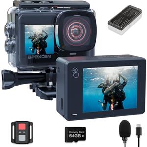 Apexcam Doppia Screen Action Cam 4K60FPS 8X Zoom EIS 48MP Con 64GB Scheda Ultra HD WiFi Fotocamera Sportiva Telecamera subacquea 40m Impermeabile 170 ° Wide Angle 2.4G Telecomando 2x1350mAh Batterie