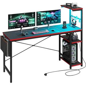 Bestier Scrivania da gioco con presa, scrivania per computer con ripiani, illuminazione a LED, tavolo da gioco per PC con ganci per cuffie per ufficio, piccola stanza, nero, 155x 50 cm
