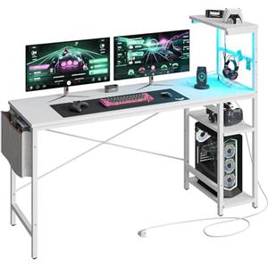 Bestier Scrivania da gioco con presa, scrivania per computer con ripiani, illuminazione a LED, tavolo da gioco per PC con ganci per cuffie per ufficio, piccola stanza, bianco, 155 x 50 cm