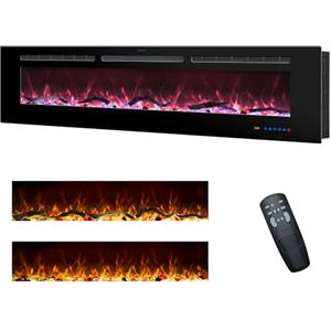 Rodalflame 152 cm, camino elettrico, da incasso e a parete, per interni con telecomando, 13 fiamme di colore con legno e cristallo, timer 9H