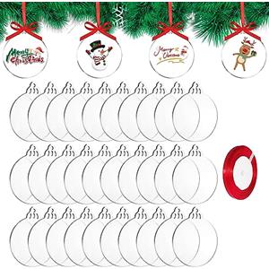 DRERIO 30 Palline di Natale in acrilico trasparente con nastro, palline piatte per artigianato, dischi acrilici trasparenti per decorazione albero di Natale, 7,6 x 7,6 cm