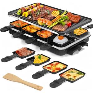 LeuKoles Griglia per Raclette, Raclette 8 Persone, 1300W Griglia Elettrica Antiaderente Reversibile con 8 Padelline per Formaggio Raclette in Miniatura e 1 Spatola di Legno, per Barbecue al Chiuso