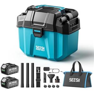 Seesii Aspiratutto Solidi e Liquidi, 2x4000mAh Batterie, 10L Aspirapolvere Bidone, 2 Velocità, Tracolla, 4 Ruote e Accessori, Ideale per Auto/Cantiere/Esterno/Casa (Blu)