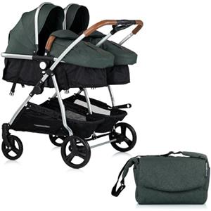 Mon Mobilier Design DUO SMART Passeggino gemelli o bambini ravvicinati larghezza 79 cm, verde senza accogliente