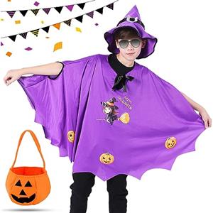 Tuofang Mantello per Halloween Bambini, Costumi di Halloween Strega, Costume Pipistrello Bambina, Zucca Mantello con Cappello, Zucca Candy Bag, per 90-150cm Bambini Halloween Carnevale Cosplay Party (Viola)