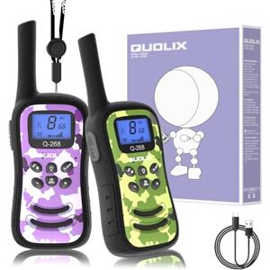 QUOLIX Walkie Talkie Ricaricabili per Bambini, 3-12 Anni Radio Bidirezionale 8 Canali a Lungo Raggio con Torcia Giochi da Esterno per Campeggio/Avventure Natale (Verde+Viola)
