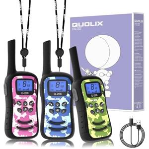 QUOLIX Walkie Talkie Ricaricabili 3 Pezzi per Bambini 3-12 Anni - Radio Bidirezionale 8 Canali con VOX e Torcia LED Giocattoli Mimetici per Avventure/Aria Aperta (3 Colori: Camouflage Rosa Verde Blu)