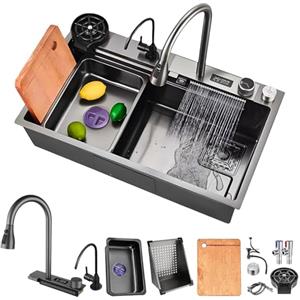 HZKSINNK 75x50cm Lavello da cascata nero, multifunzionale Lavello Cucina 1 Vasca in Acciaio Inox, con Rubinetto Estraibile, sifone e Set di Drenaggio, e vari accessor, lavello domestico set