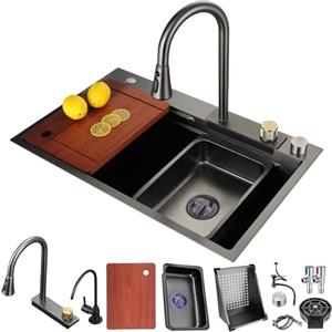 DSMRLEOP Lavello da cucina a cascata nera, 85 x 50 cm, 1 lavello da cucina in acciaio inox, rettangolare, sifone, troppopieno e scarico, multifunzione, moderno lavello a cascata con set di accessori