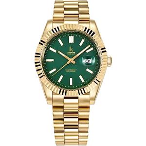 Alienwork Orologio Uomo Donna Oro Bracciale in Acciaio Calendario Data Verde Classico Elegante