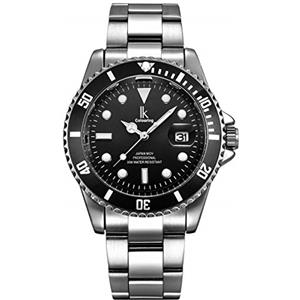 Alienwork Orologio Uomo Donna Argento Bracciale in Acciaio Calendario Data Nero Elegante