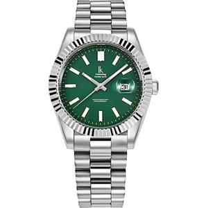 Alienwork Orologio Uomo Donna Argento Bracciale in Acciaio Calendario Data Verde Classico Elegante