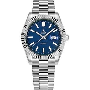 Alienwork Orologio Uomo Donna Argento Bracciale in Acciaio Calendario Data Blu Marino Classico Elegante