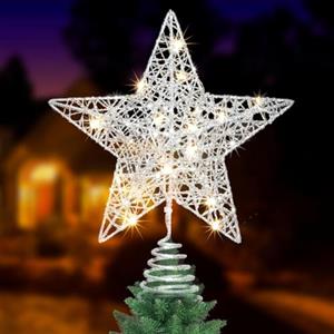 AHYDFSR Stella Albero Natale, Stella di Natale per albero Puntale Top decorativo con 10 LED, Argento