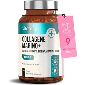 VitaBright Collagene Marino con Acido Ialuronico | Alto Dosaggio 2450 mg | 120 Capsule | Collagene Marino Idrolizzato + Vitamine C, E, B2, Zinco | Integratore Pelle, Capelli, Articolazioni | VitaBright Collagen