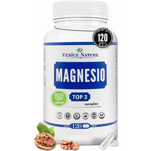 Venice Nature Magnesio Completo 400mg elementare (2x200mg) di Puro Magnesio Complex 120 capsule Vegan, Magnesio Complesso con Bisglicinato + Citrato + Ossido Vegano 106% VNR - Venice Nature