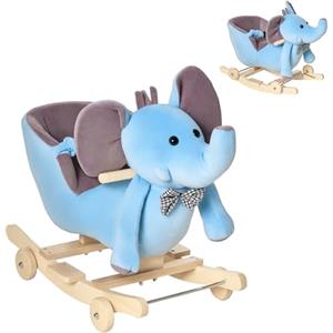 HOMCOM Cavallo a Dondolo per Bambini 18+ Mesi a forma di Elefante con Rotelle, Cintura e Schienale, Cavalluccio a Dondolo in Peluche, Legno e Acciaio, 60x35x45 cm, Blu