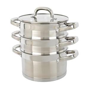 Salter Timeless 3 Tier Steamer - Pentole da cucina impilabili in acciaio inox da 18cm, include manici e coperchio in vetro temperato, per la cottura a vapore delle verdure, adatto ai piani a induzione