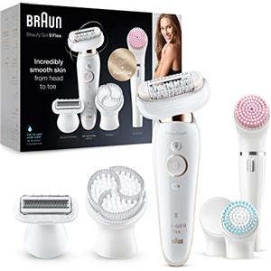 Braun Silk-épil 9 Flex Depilatore Donna, Epilatore Elettrico Donna con Testa Flessibile, Spazzola Esfoliante Corpo, Spugnetta Make Up Idea Regalo, SES9100 Bianco e Oro